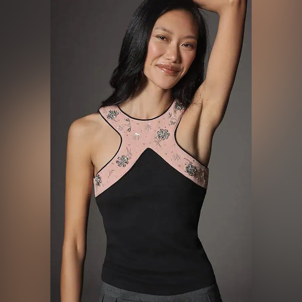 New Maeve x Anthropologie Crisscross Beaded Jeweled Halter Top Shirt sz M